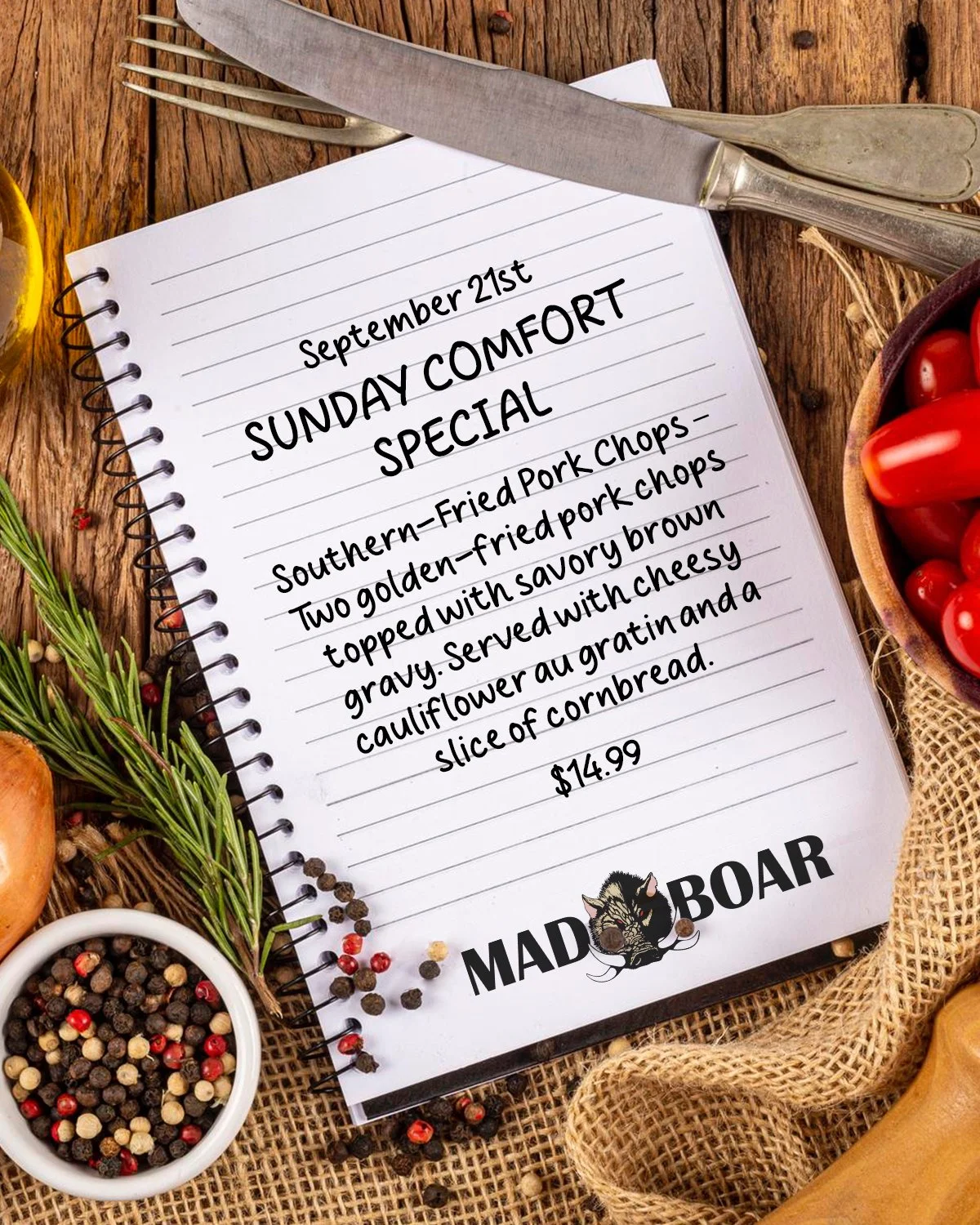 Looking for comfort food?
Join us at Mad Boar on Sunday, September 21st, for our Sunday Comfort Plate Special: Southern-Fried Pork Chops

#madboarnc #exit385 #tastethemadness #sundaycomfortspecial #ncrestaurant