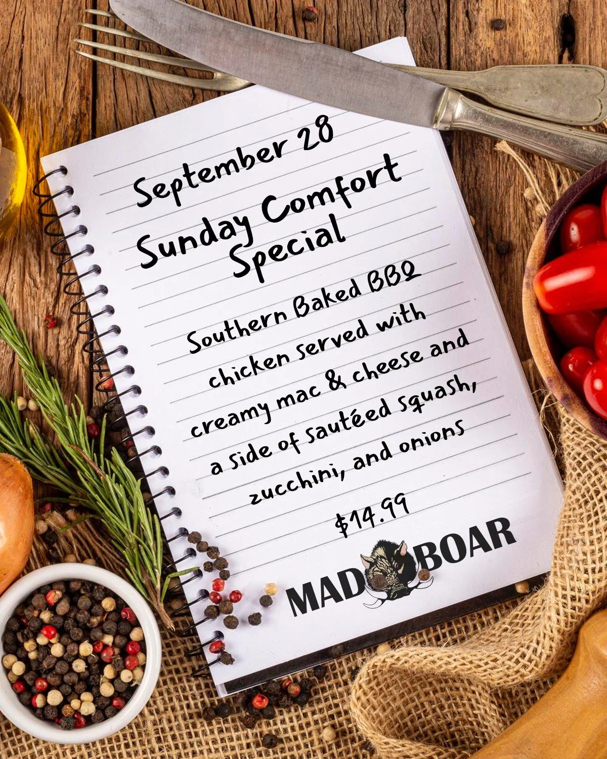 Looking for comfort food?
Join us at Mad Boar on Sunday, September 26, for our Sunday Comfort Plate Special: Southern Baked BBQ Chicken.