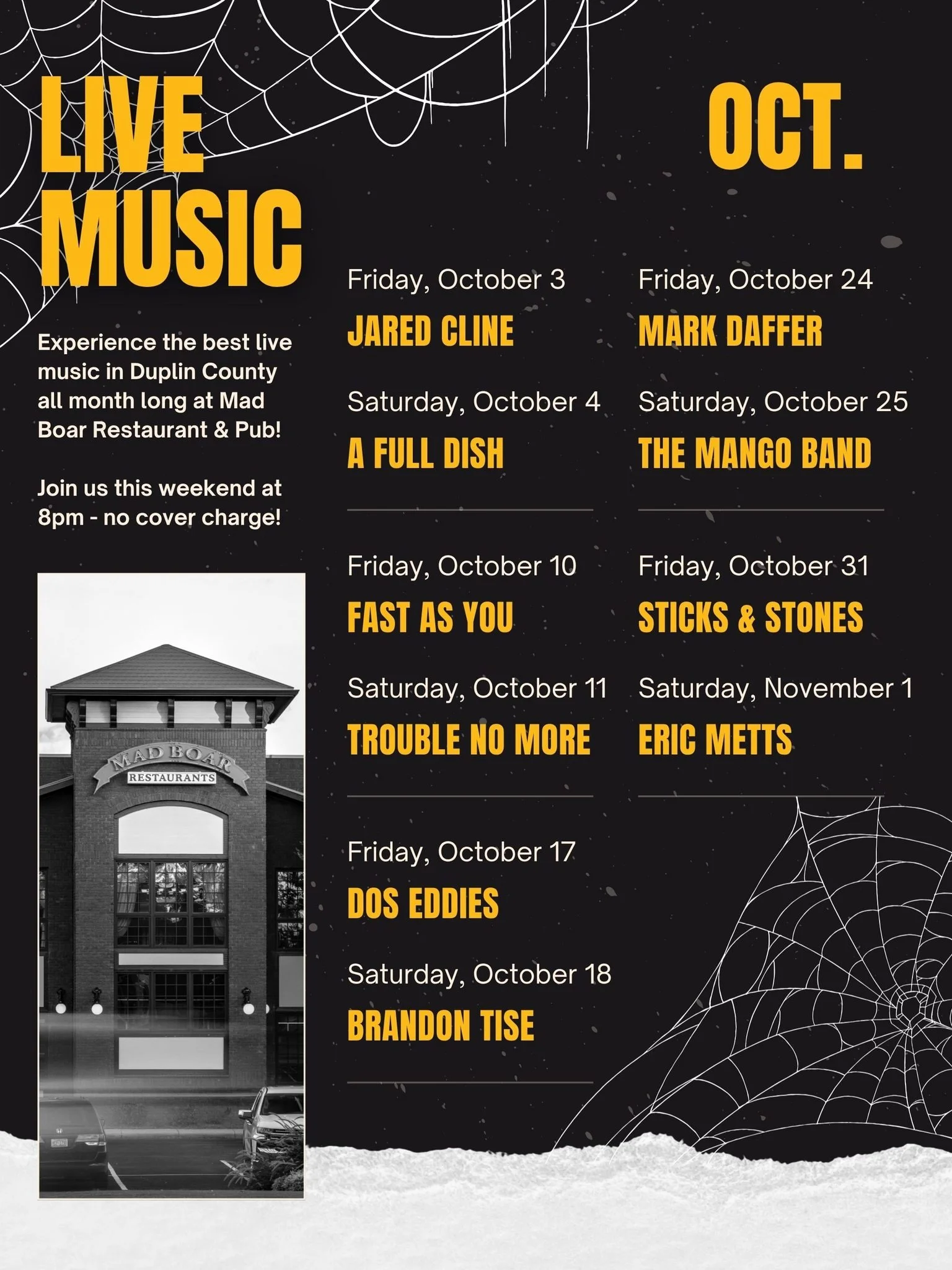 👻 No tricks, just treats at Mad Boar this October!
Join us for live music every Friday &amp; Saturday night and let the spooky season vibes take over. Grab your friends, feast on your Mad Boar favorites, and dance the night away to killer tunes. 🎤
