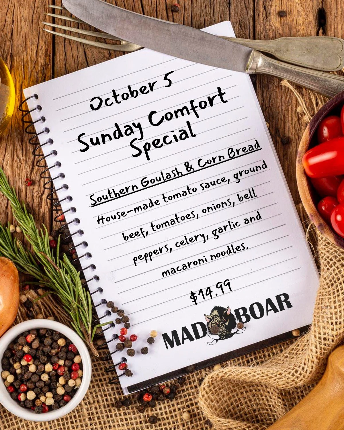 Looking for comfort food?
Join us at Mad Boar on Sunday, October 5, for our Sunday Comfort Plate Special: Southern Goulash and Corn Bread.

#madboarnc #exit385 #tastethemadness #sundaycomfortspecial #ncrestaurant