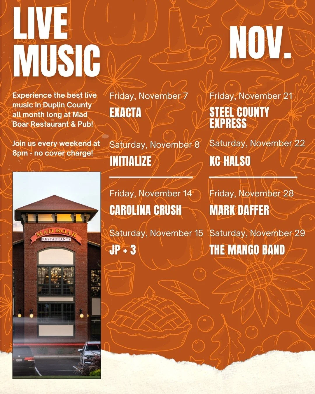 Bring your friends and make it a night to remember! 🎶 Join us at Mad Boar every Friday and Saturday this November for live music, good food, and great company. From local favorites to crowd-pleasing tunes, there&rsquo;s no better way to kick off the