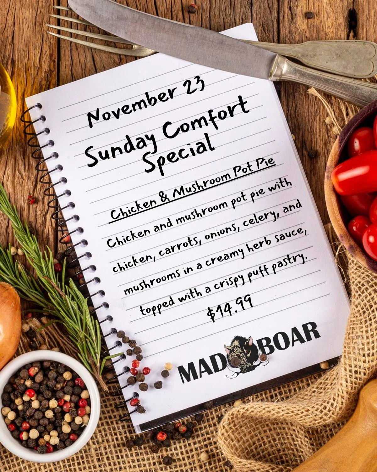 Looking for comfort food?
Join us at Mad Boar on Sunday, November 23, for our Sunday Comfort Plate Special: Chicken and Mushroom Pot Pie.

#madboarnc #exit385 #tastethemadness #sundaycomfortspecial #ncrestaurant
