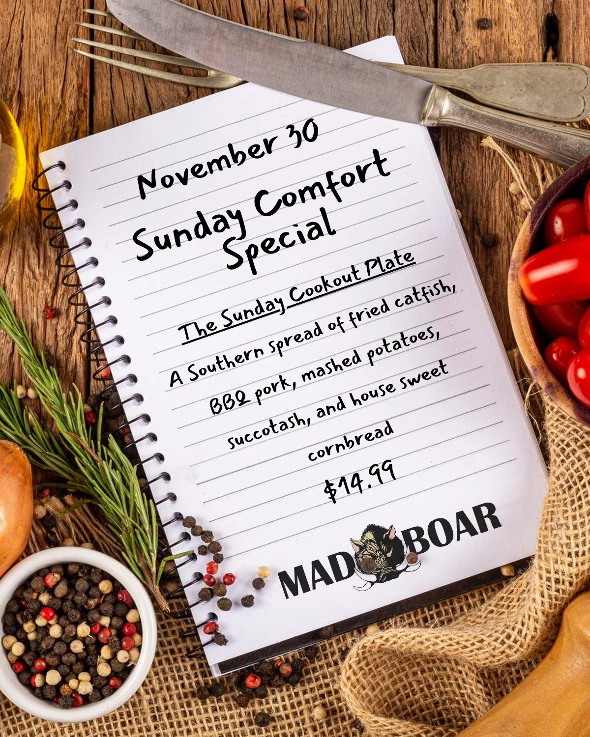 Looking for comfort food?
Join us at Mad Boar on Sunday, November 30, for our Sunday Comfort Plate Special: The Sunday Cookout Plate.

#madboarnc #exit385 #tastethemadness #sundaycomfortspecial #ncrestaurant