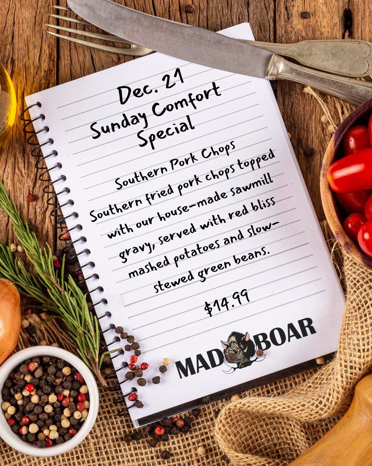 Looking for comfort food?
Join us at Mad Boar on Sunday, December 21 for our Sunday Comfort Plate Special: Southern Pork Chops.

#madboarnc #exit385 #tastethemadness #sundaycomfortspecial #ncrestaurant