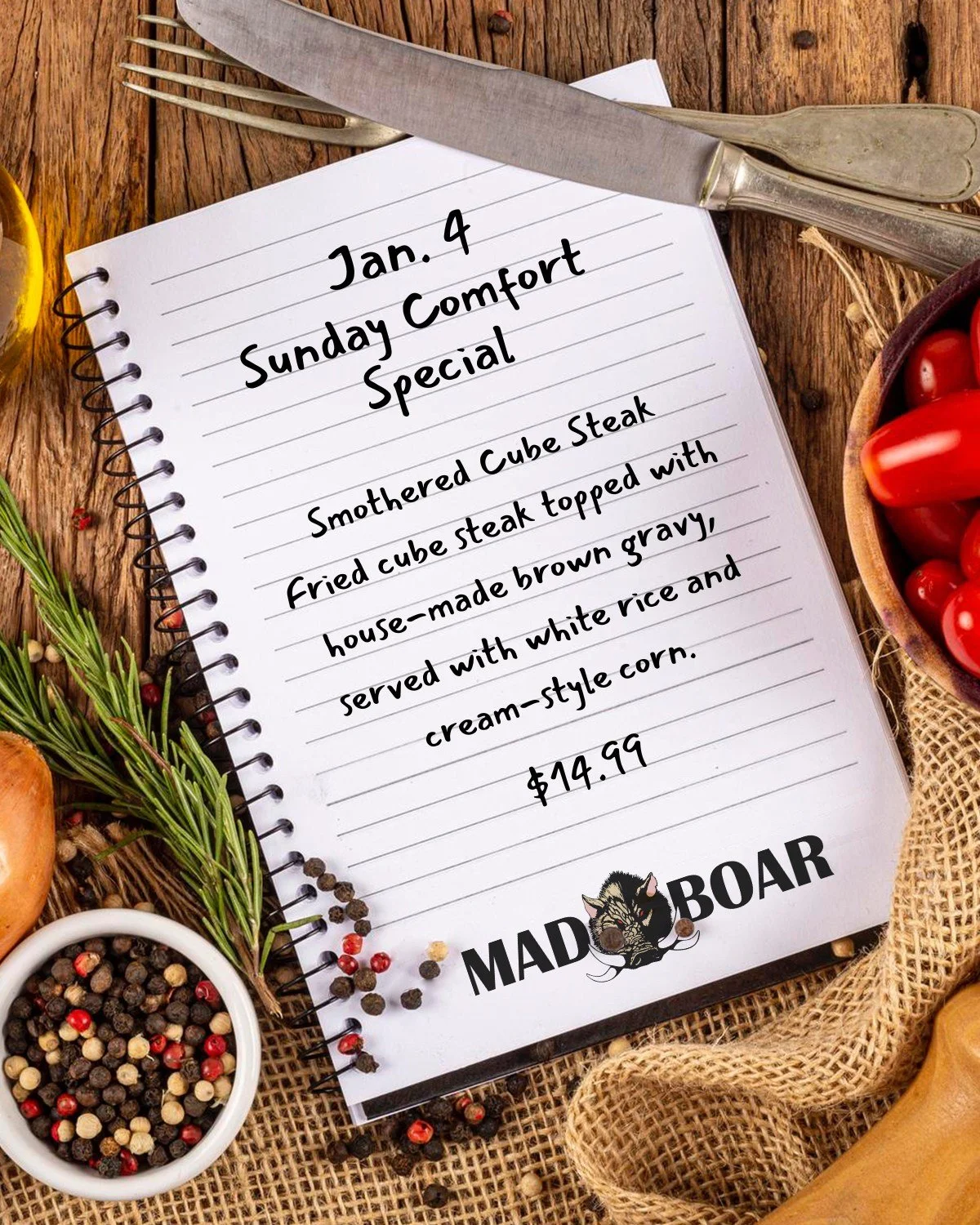 Looking for comfort food?
Join us at Mad Boar on Sunday, January 4, for our Sunday Comfort Plate Special: Smothered Cub Steak.

#madboarnc #exit385 #tastethemadness #sundaycomfortspecial #ncrestaurant