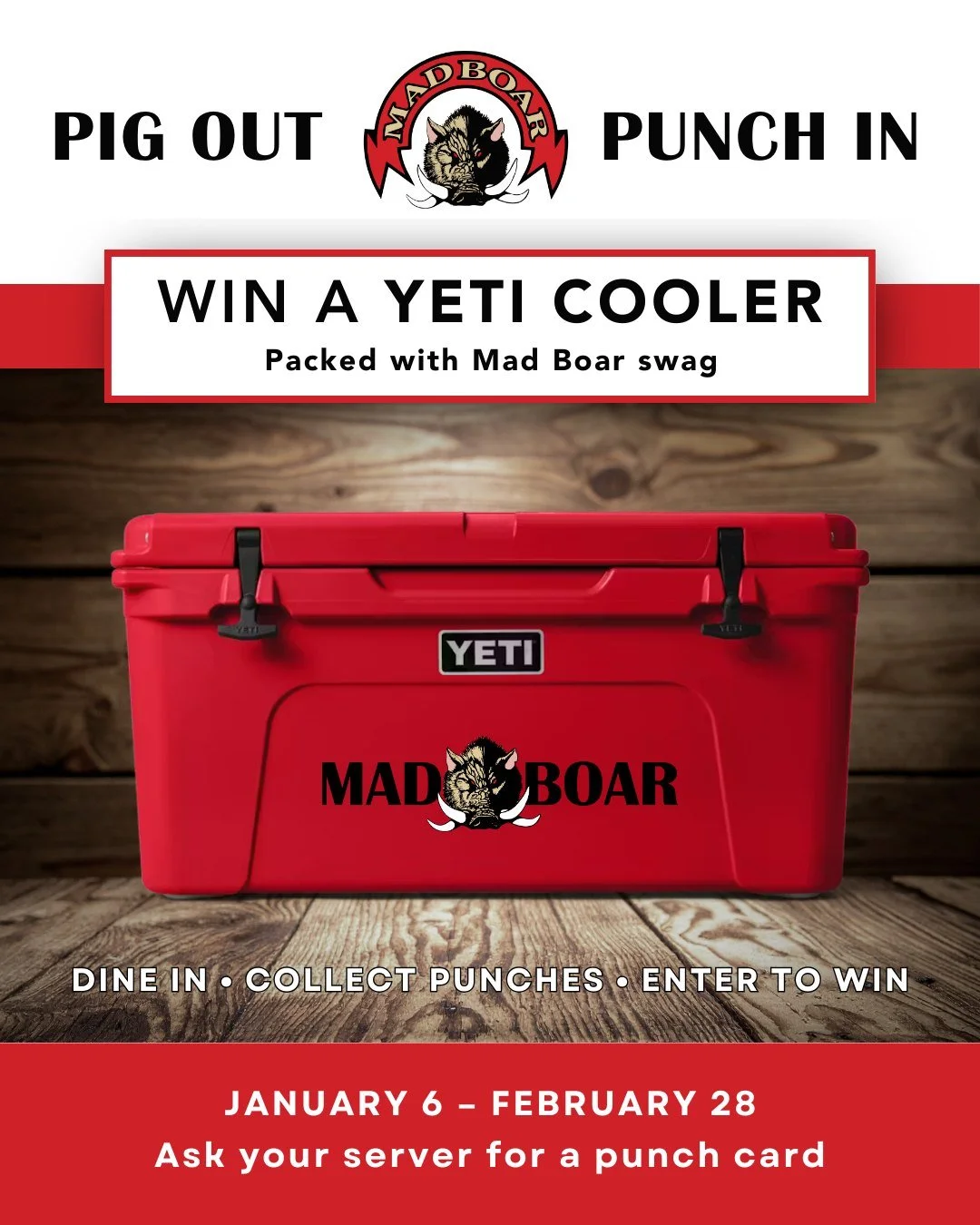 Pig Out Punch In at Mad Boar 🍽️🐗
From January 6 to February 28, we&rsquo;re giving you even more reason to grab a table at Mad Boar. Pig Out Punch In rewards our biggest fans, the ones who keep coming back for great food, cold drinks, and good time