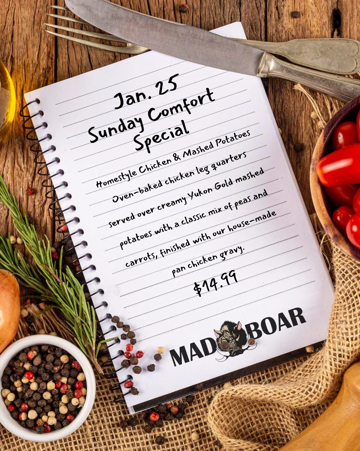 This Sunday, January 25, enjoy Mad Boar&rsquo;s Homestyle Chicken and Mashed Potatoes - hearty, flavorful, and full of comfort.

#madboarnc #exit385 #tastethemadness #sundaycomfortspecial #ncrestaurant