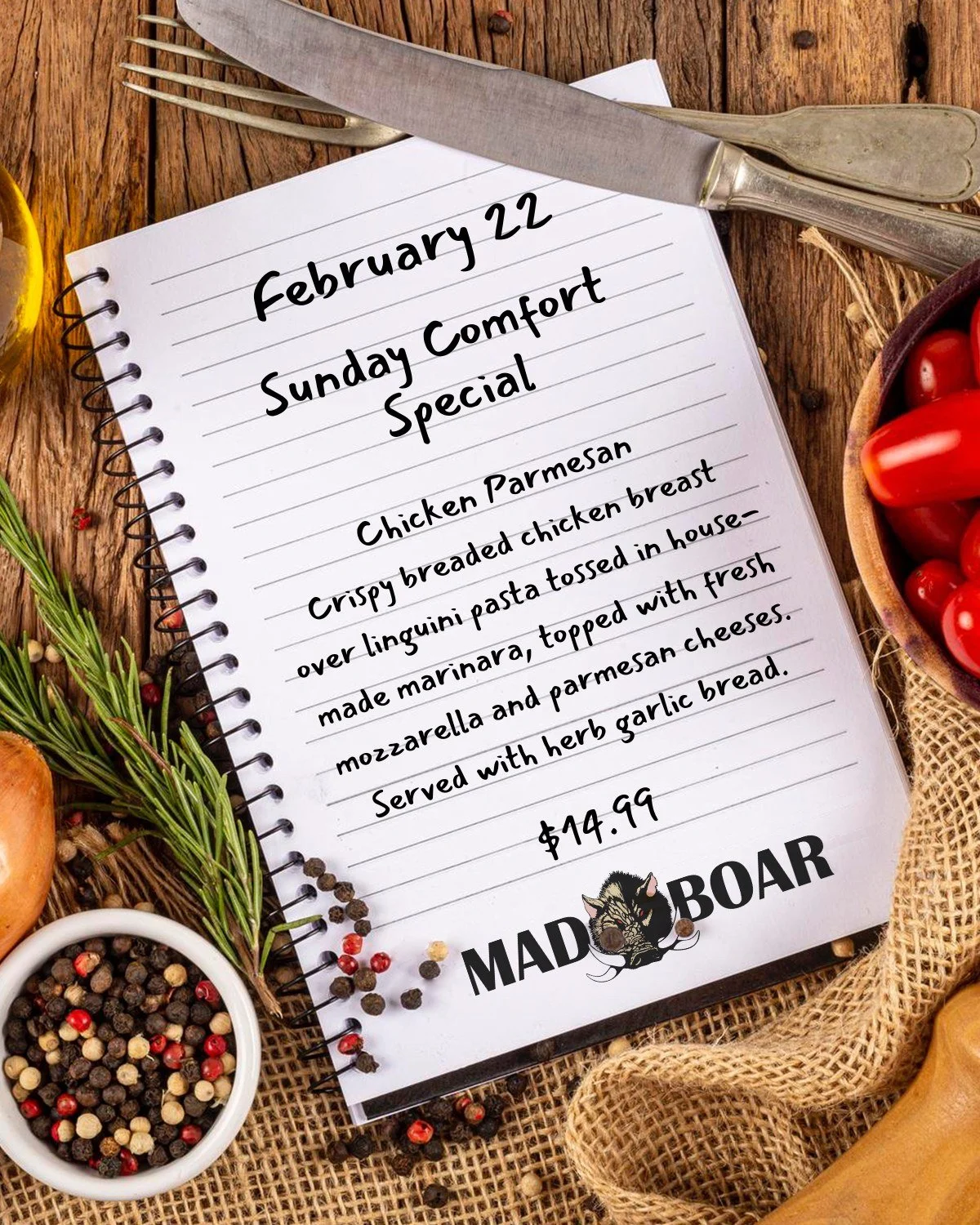 This Sunday, dig into our Sunday Comfort Special: Chicken Parmesan. 🍝🔥
Crispy breaded chicken, rich marinara, melty mozzarella&hellip; the kind of classic that never disappoints. Served with herb garlic bread and ready when you are.

Join us at Mad
