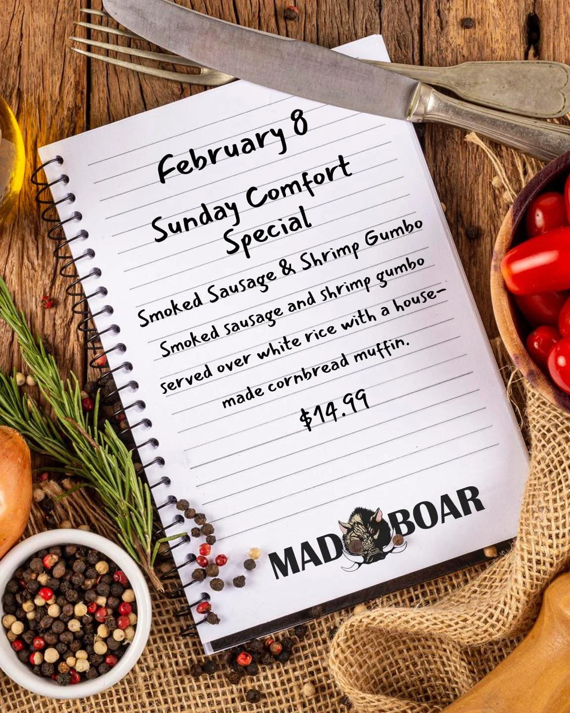 This Sunday, February 8, treat yourself to Mad Boar&rsquo;s Smoked Sausage &amp; Shrimp Gumbo &mdash; rich, savory, and served over white rice with a house-made cornbread muffin for the ultimate comfort meal. 🍤🌶️

#madboarnc #exit385 #tastethemadne