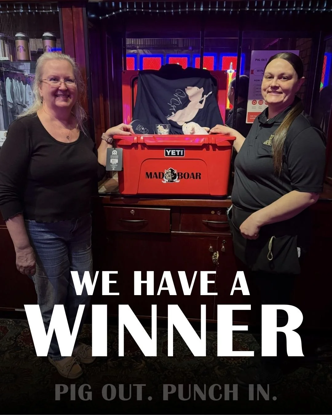 We have a winner!
Congratulations to Marcia for taking home our Pig Out. Punch In. YETI cooler packed with Mad Boar swag.

Thank you to everyone who dined with us, collected punches, and entered the giveaway. We loved seeing so many of you participat