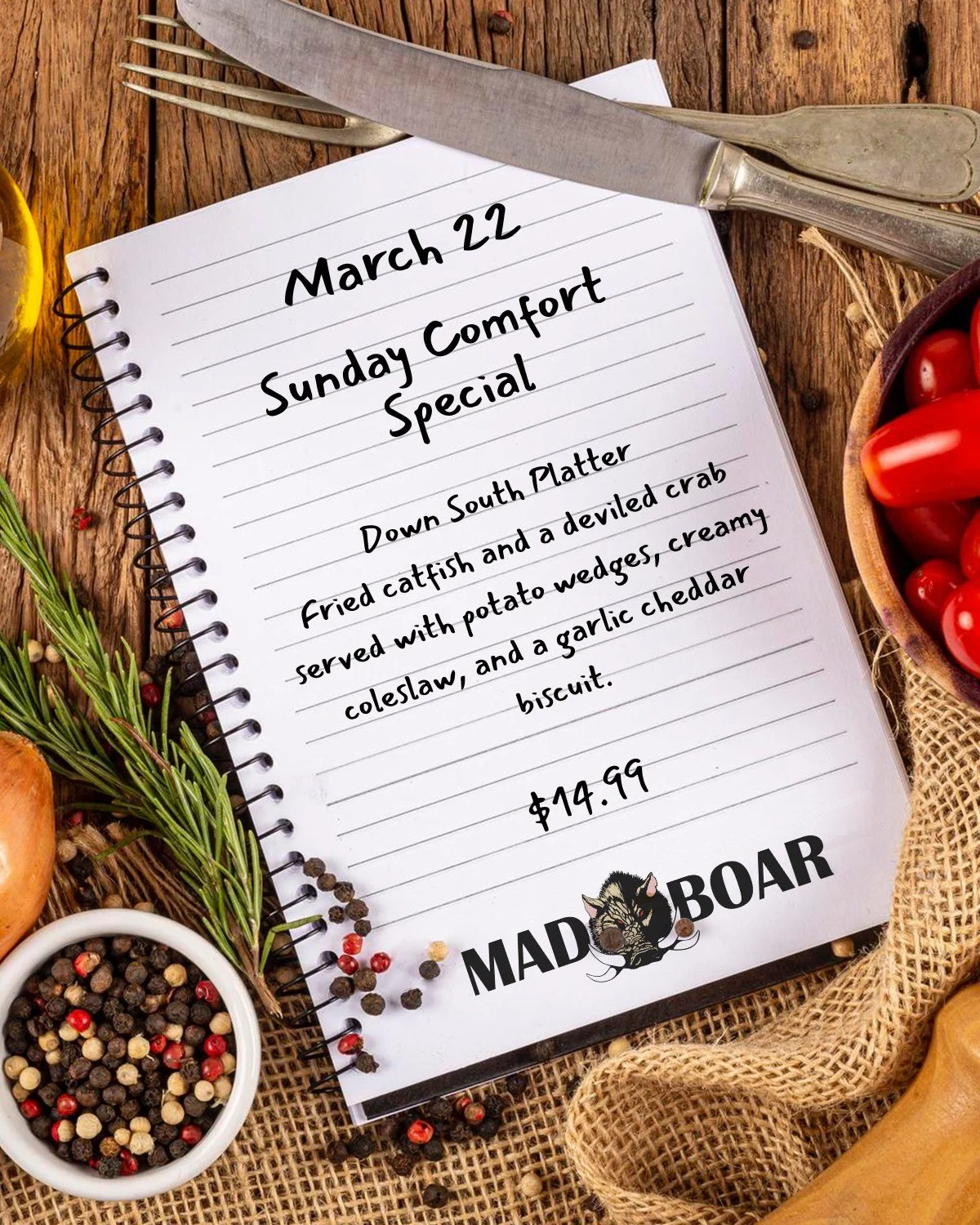 This Sunday, March 22, the Down South Platter is calling &mdash; crispy fried catfish, a golden deviled crab, seasoned potato wedges, creamy coleslaw, and a warm garlic cheddar biscuit. 🍽️✨

A Sunday meal you can&rsquo;t miss. Join us at Mad Boar Re
