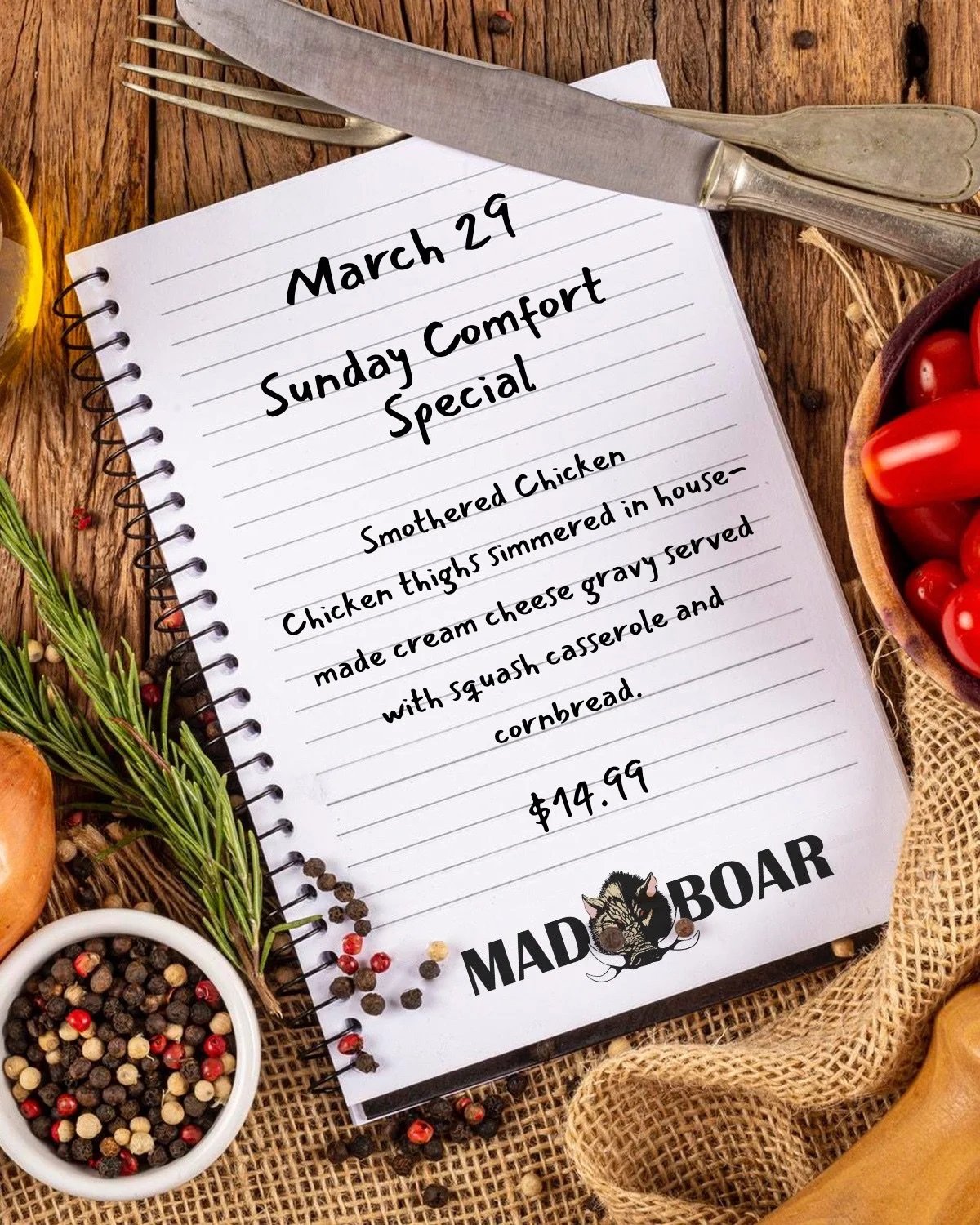 Sunday, March 29

Some meals just hit differently.

Our Smothered Chicken features tender chicken thighs simmered in a rich, house-made cream cheese gravy, served alongside squash casserole and cornbread. The kind of plate that feels like a warm welc