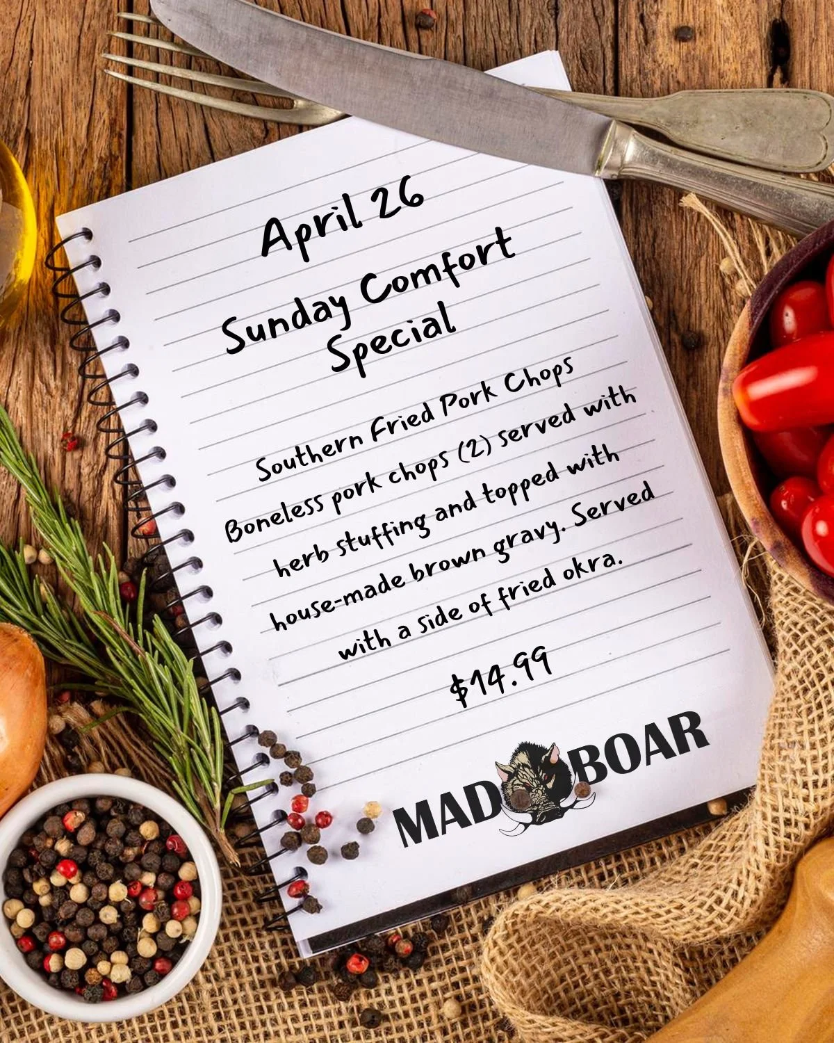 Sunday, April 26 &mdash; Southern Fried Pork Chops

Crispy, golden, and undeniably satisfying, this week&rsquo;s Sunday Comfort Special is one to slow down and enjoy.

Two boneless pork chops served with herbed stuffing and topped with house-made bro