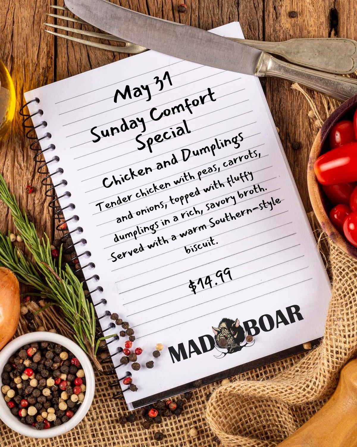 Sunday, May 31 &mdash; Chicken &amp; Dumplings

This week&rsquo;s Sunday Southern Special brings together tender chicken, peas, carrots, and onions in a rich savory broth, topped with fluffy dumplings and served with a warm Southern-style biscuit.

C