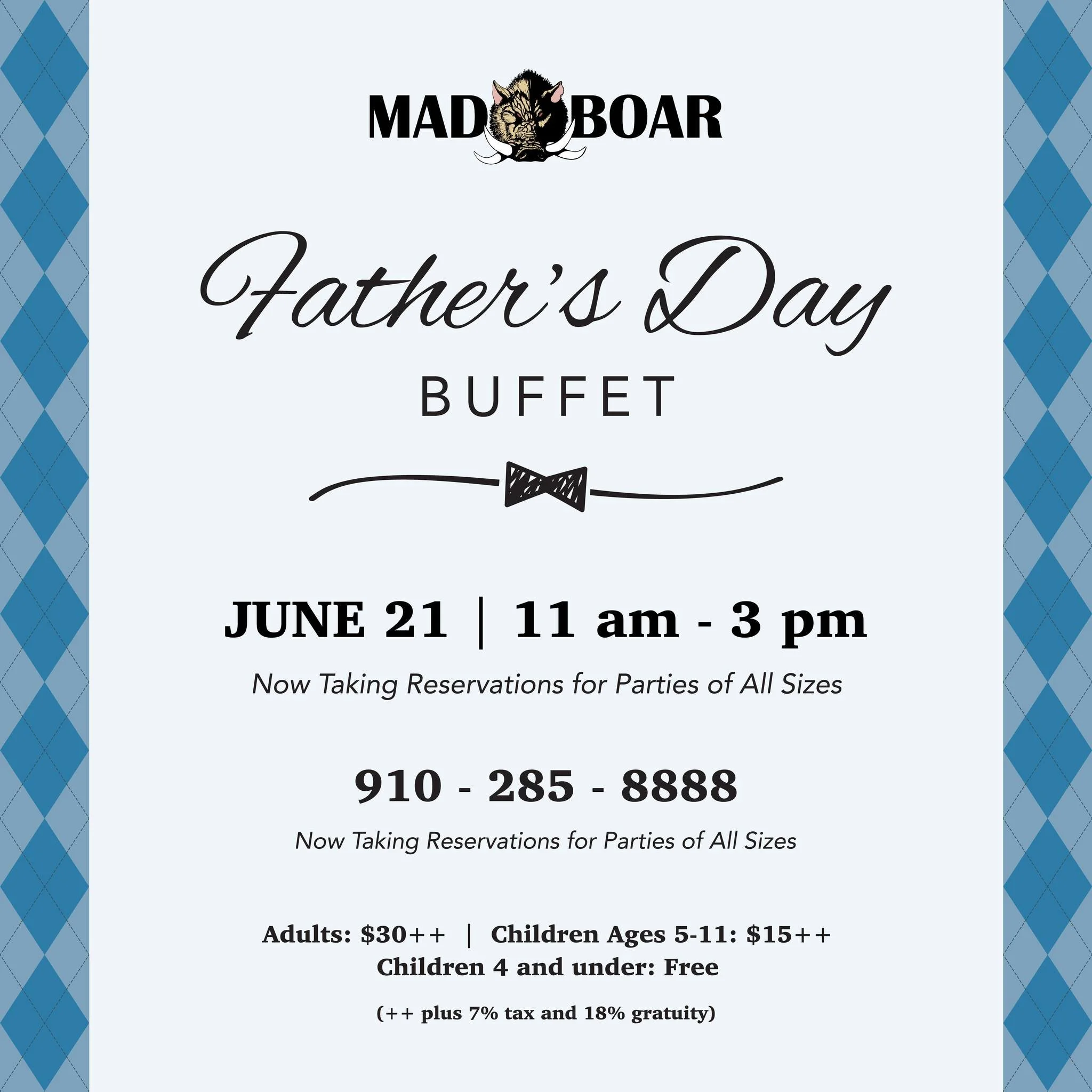 Celebrate Dad with hearty food, great company, and a day dedicated to him 💙

Join us Sunday, June 21 for Father&rsquo;s Day at the Mad Boar &mdash; the perfect way to gather with family and celebrate the dads, grandfathers, and father figures who do