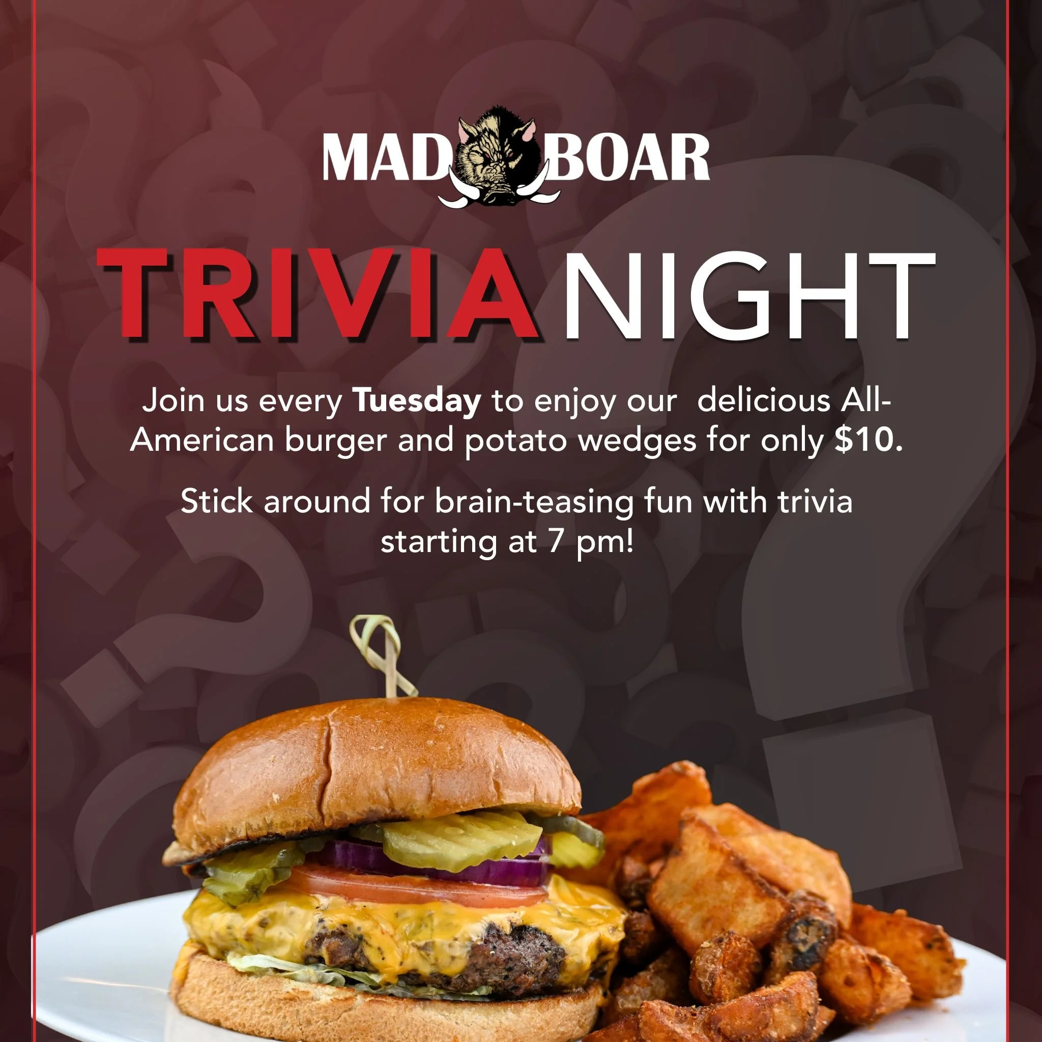Tuesday nights just got a whole lot better. 🍔🧠

Sink your teeth into our $10 All-American Burger, then put your knowledge to the test during Trivia Night starting at 7 PM. Great food, a little friendly competition, and a fun way to spend your eveni