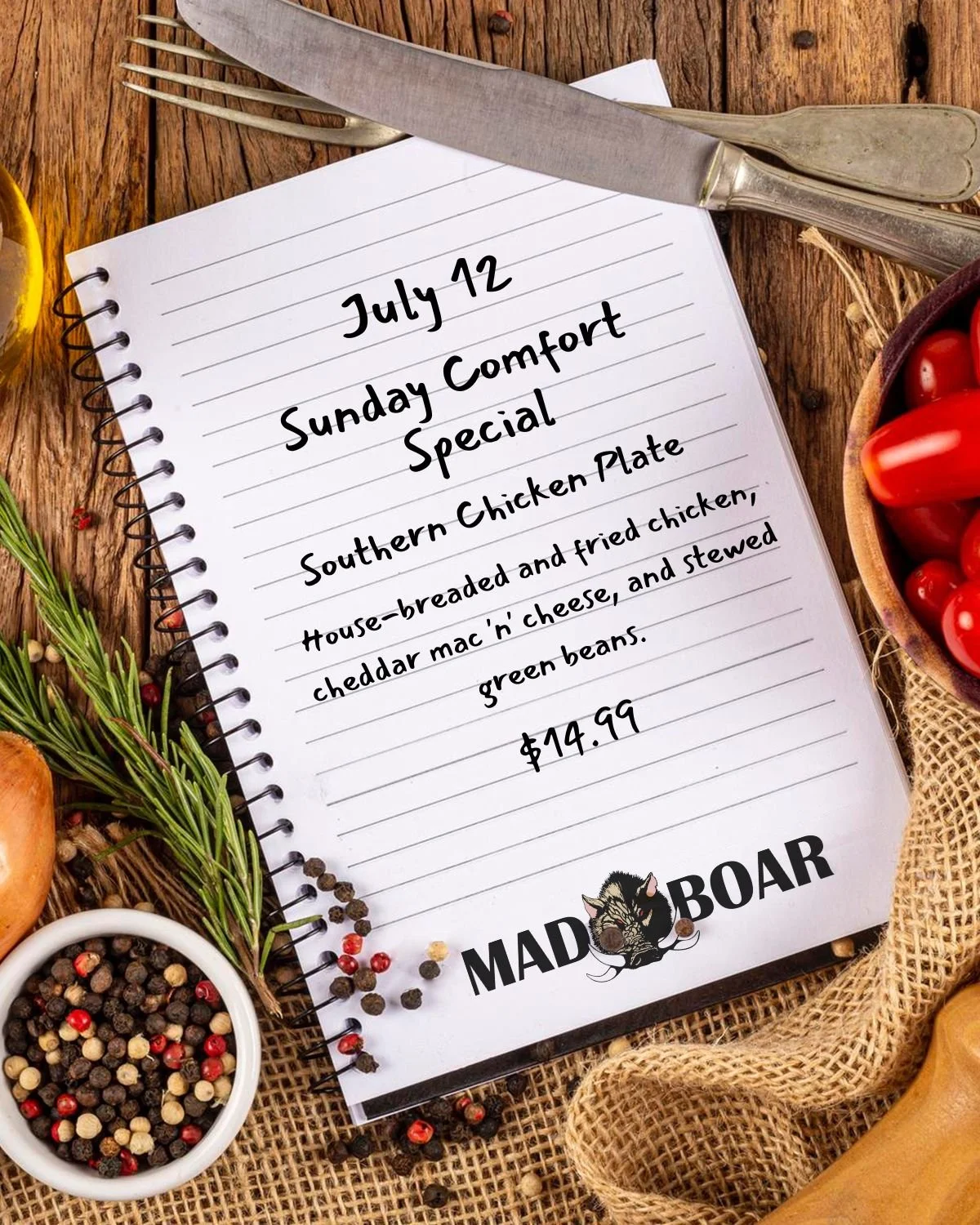Sunday, July 12 &mdash; Southern Chicken Plate

This week&rsquo;s Sunday Comfort Special is our Southern Chicken Plate, featuring house-breaded fried chicken, cheddar mac 'n' cheese, and stewed green beans.

Some Sunday meals just feel like home, and