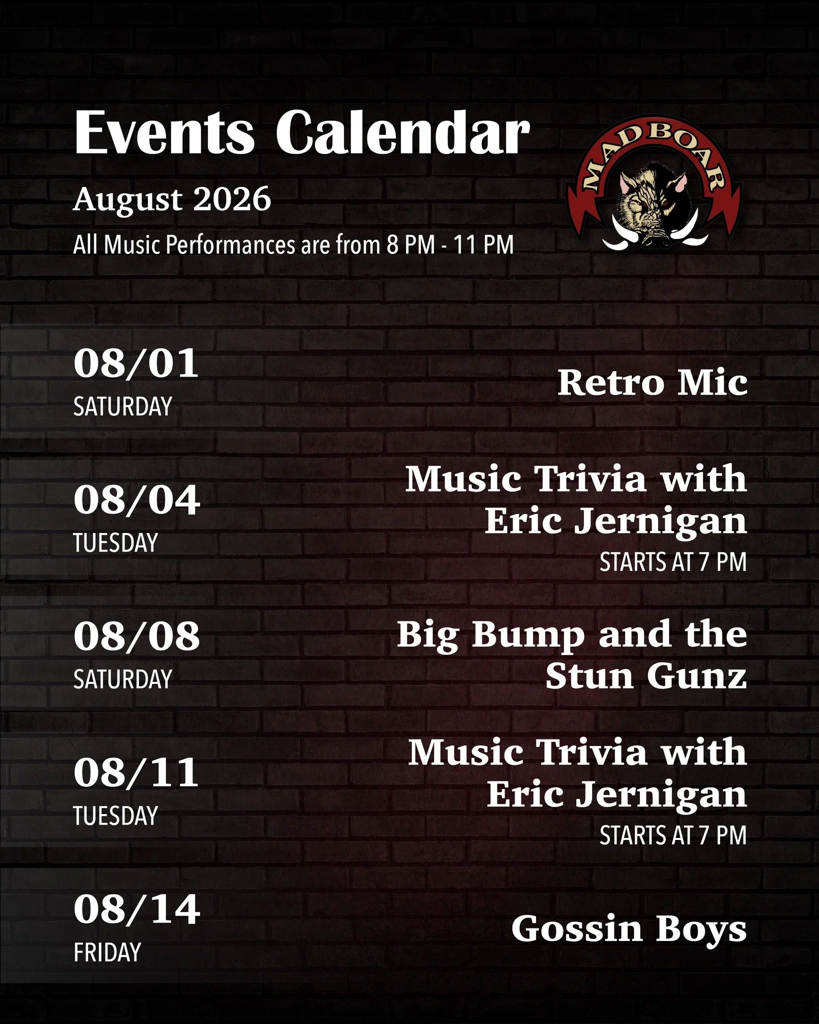 📅 Mark your calendars&mdash;August is packed with live entertainment at Mad Boar!
Whether you're coming for dinner, drinks, or to enjoy the music, there's something happening every Friday &amp; Saturday night. Browse our August Live Music &amp; Even