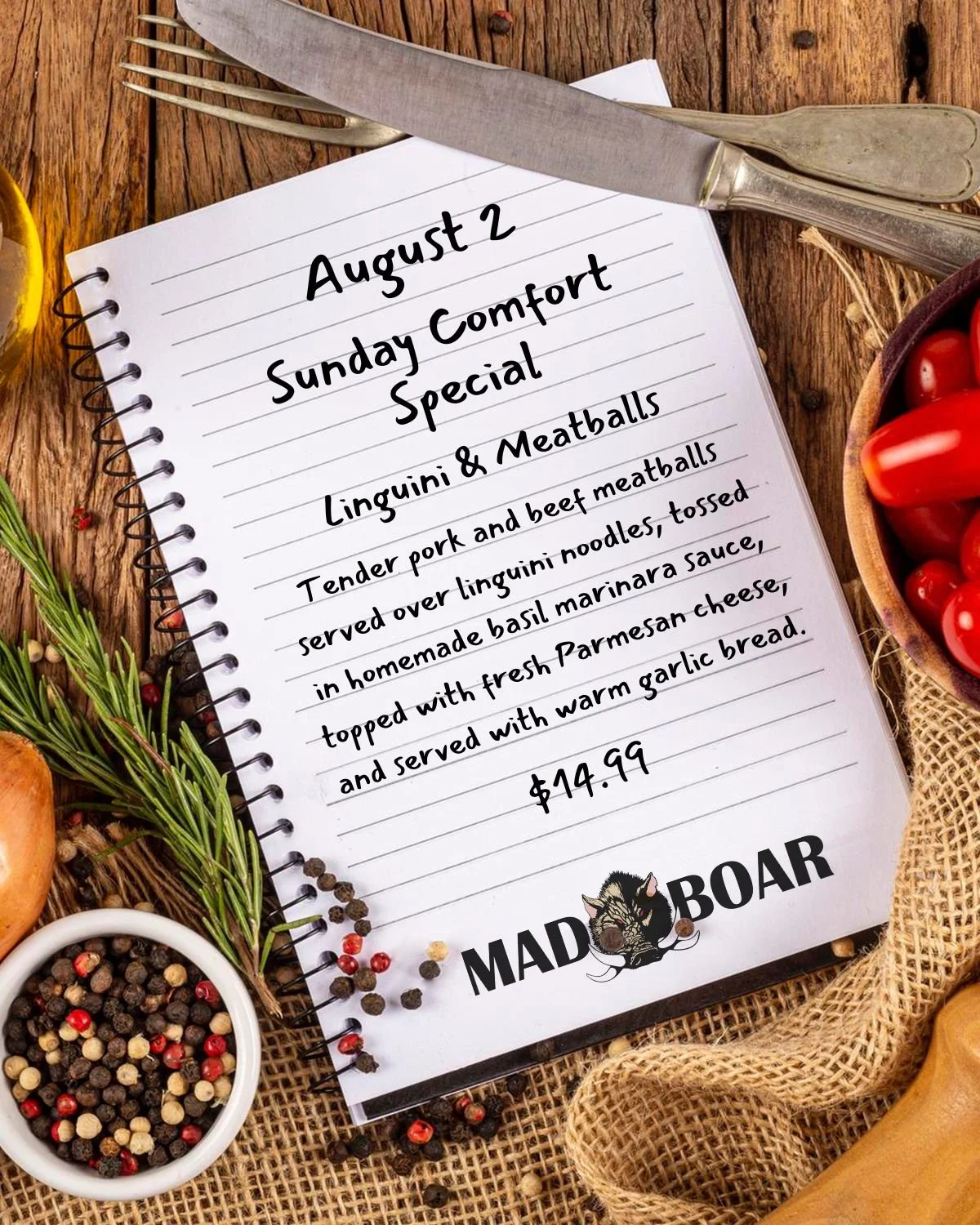 Sunday, August 2 &mdash; Linguini &amp; Meatballs

This week&rsquo;s Sunday Comfort Special is Linguini &amp; Meatballs, featuring pork and beef meatballs over linguini noodles, tossed in our homemade basil marinara sauce, topped with fresh Parmesan 