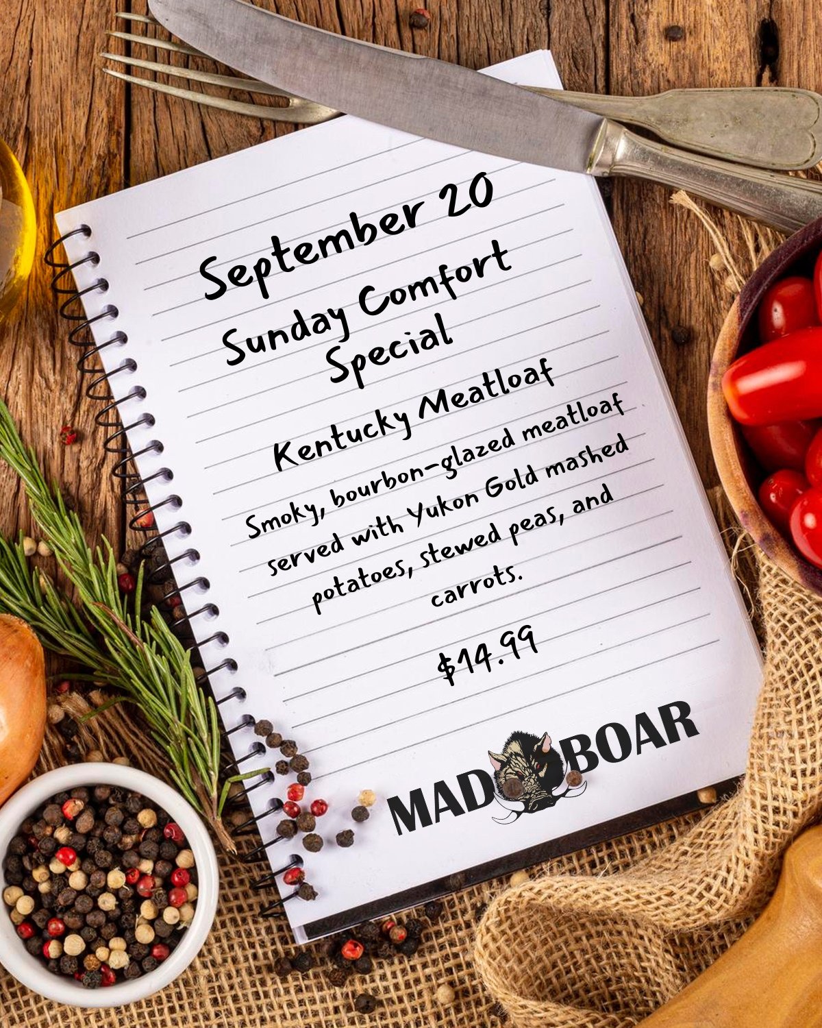 Sunday, September 20 &mdash; Kentucky Meatloaf

This week&rsquo;s Sunday Comfort Special is Kentucky Meatloaf, featuring smoky, bourbon-glazed meatloaf served with creamy Yukon Gold mashed potatoes, stewed peas, and carrots.

A familiar favorite with