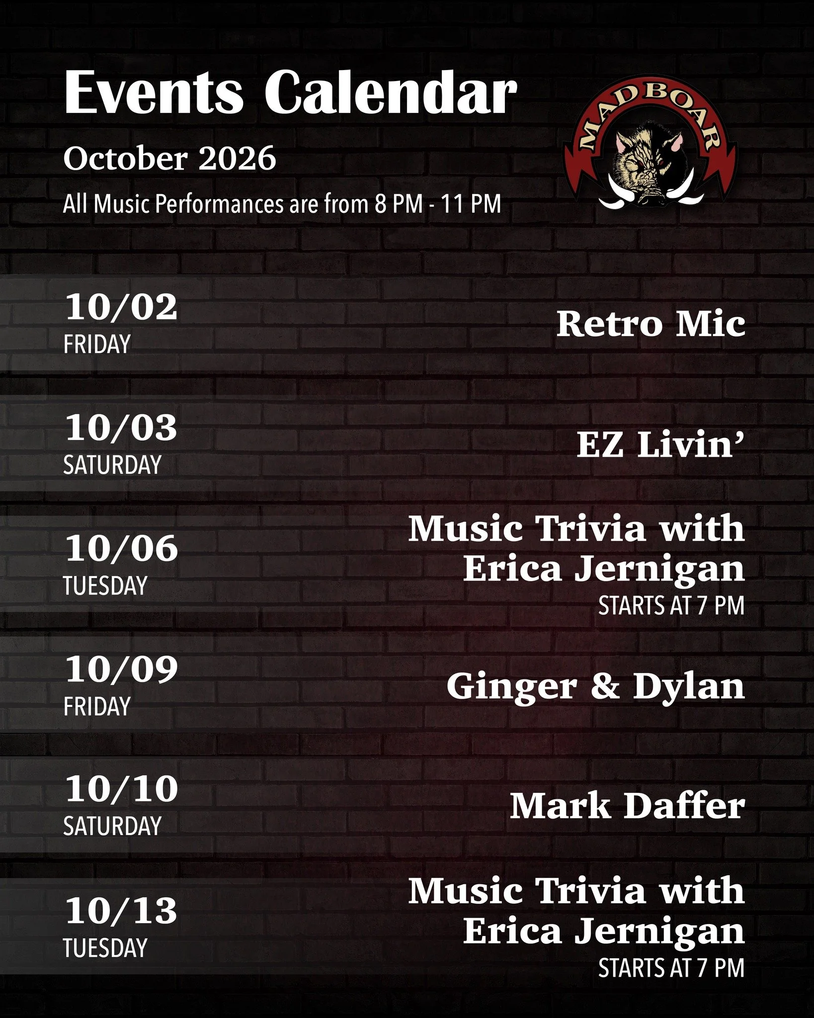 🍂 Fall nights are better with live music! 🎶

As the season settles in, Mad Boar Restaurant &amp; Pub is keeping the good times going with live entertainment every Friday and Saturday night. Whether you're stopping by for dinner, meeting friends for