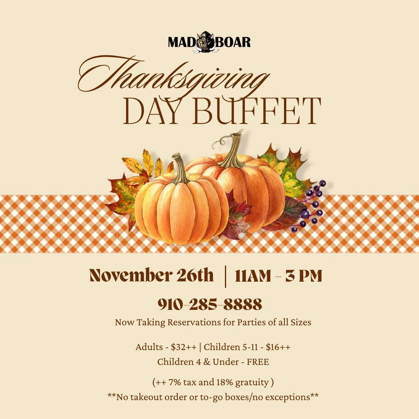 🦃 Thanksgiving is better when someone else does the cooking!

Spend less time in the kitchen and more time around the table with family and friends. Join us at Mad Boar Restaurant &amp; Pub for our Thanksgiving Day Buffet, featuring roasted turkey, 