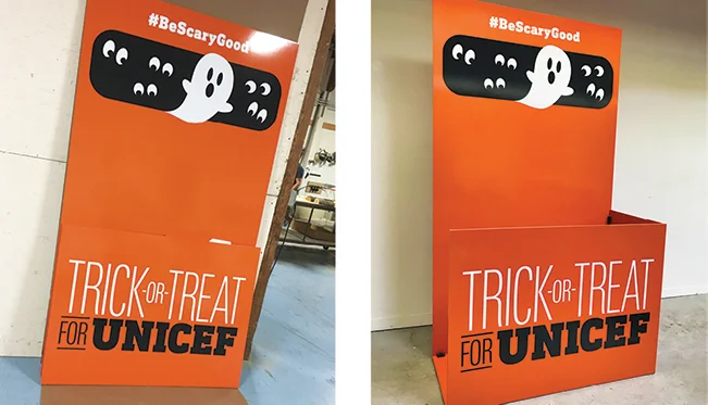 The enlarged photo booth was built to the same specifications and configurations as the UNICEF’s iconic hand-held coin collection box. The finished piece was designed to stand up to hundreds of visitors safely while breaking down for efficient long-distance shipping and eventual storage.