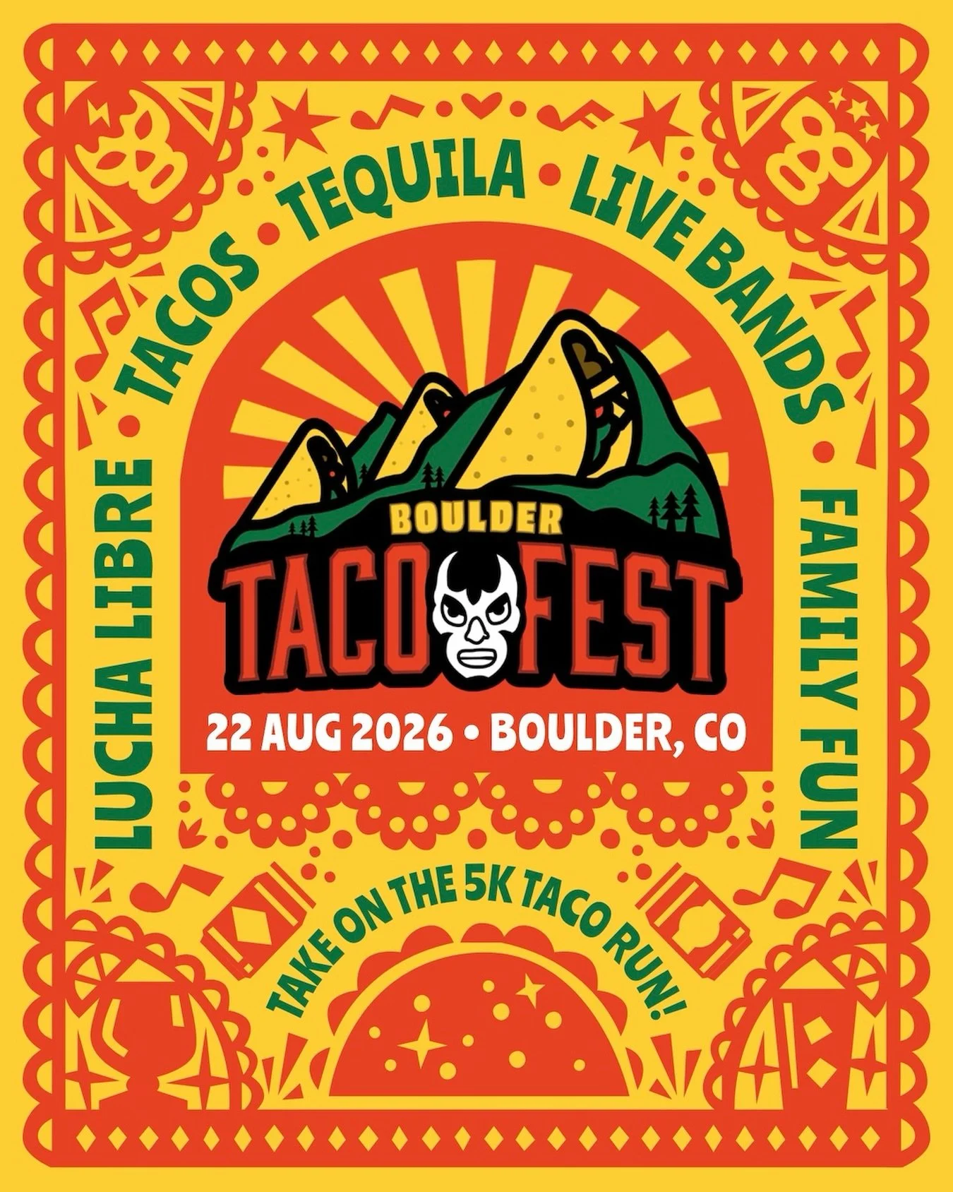 Nine years running, @bouldertacofest hits Boulder Creek August 22 - tacos, fresh margaritas, Lucha Libre wrestling, live bands, and the Boulder 5K Taco Run to kick it off. Bonus: it&rsquo;s the perfect warm-up to @rufusdusol at Folsom Field that nigh