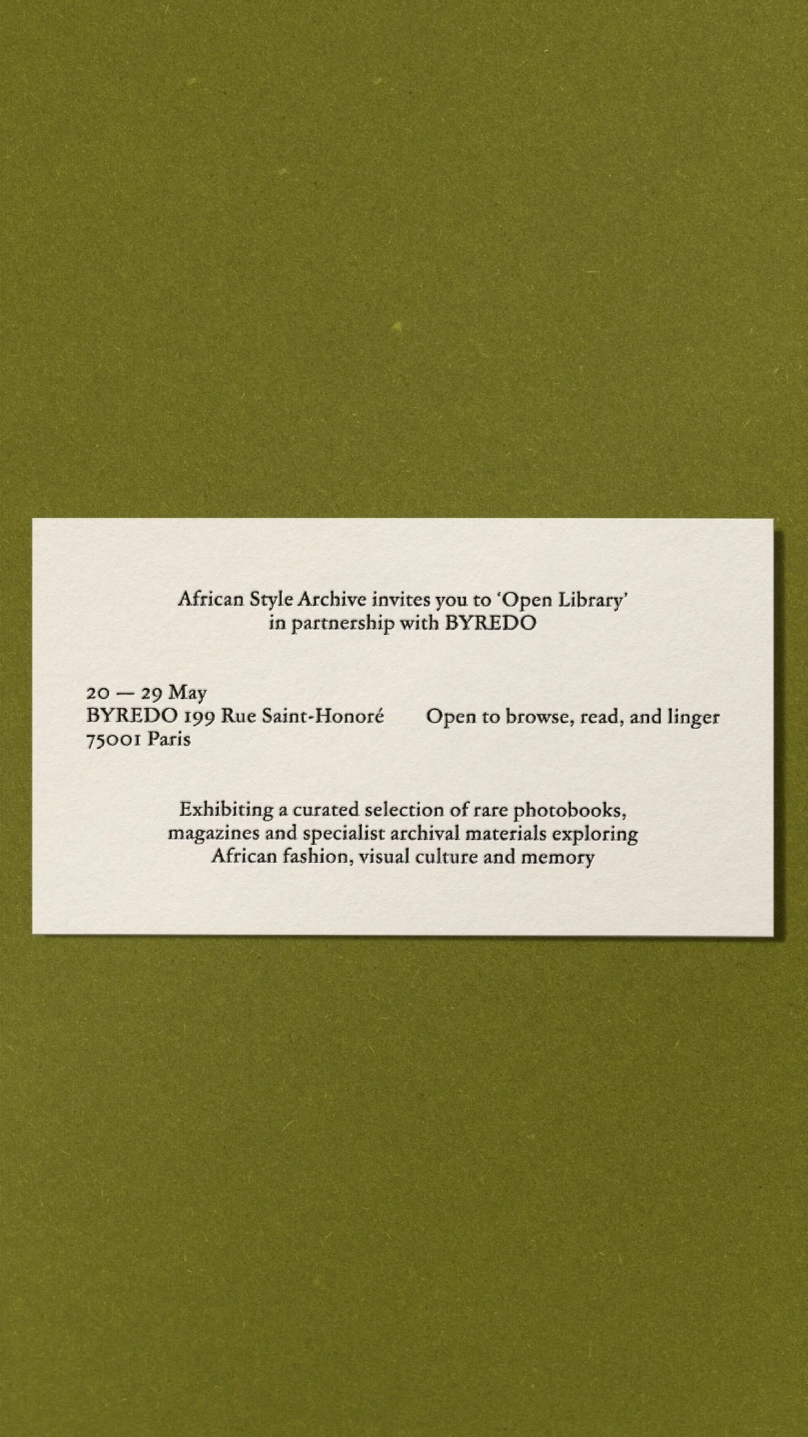 Invitation card for African Style Archive's open library event, held from May 20 to 29 at BYREDO, 199 Rue Saint-Honoré, Paris. Featuring rare photobooks, magazines, and archival materials exploring African fashion and culture.