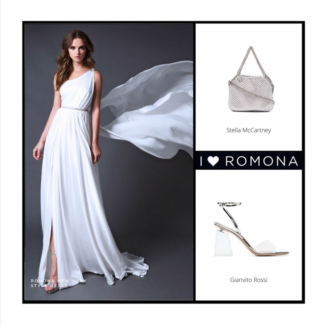 I &hearts;️ ROMONA &bull;  The spirit of the Beach Chic @romonaofficial New York Bride is captured in today&rsquo;s bridal style guide featuring style RB25 accessorized with a @stellamaccartney crystal mesh crossbody bag &amp; @gianvitorossi lucite b