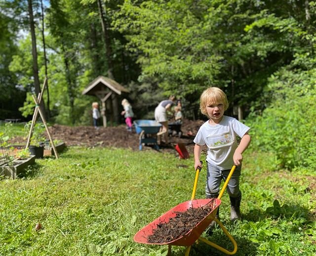 Hello from the barn! We had a busy, fun, hard work filled morning! ☀️ #helpinghands #inthedirt #outdoorkids #pisgahcollective