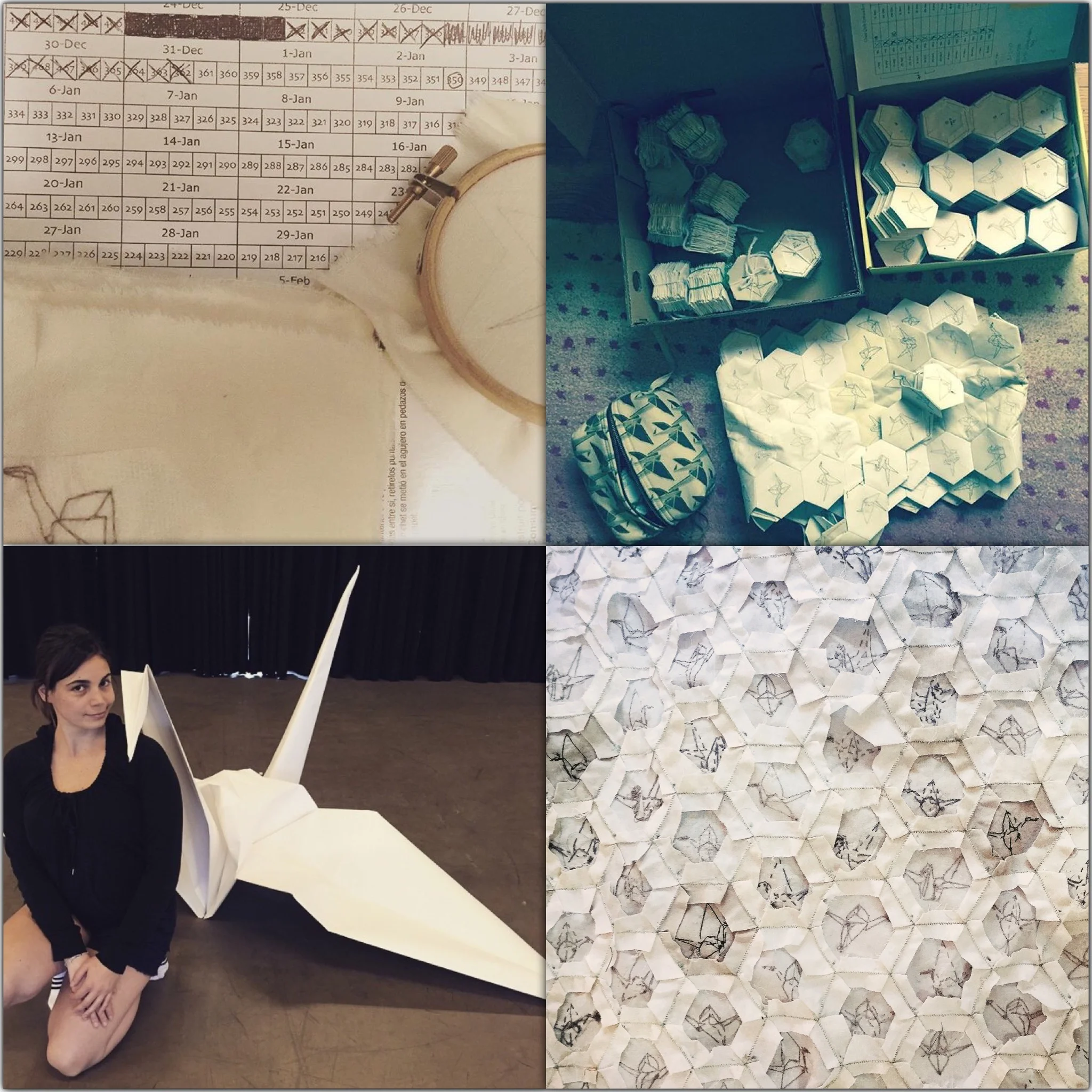  clockwise: embroidery countdown list, hexagon organization, giant origami crane, back side of hand sewn quilt 