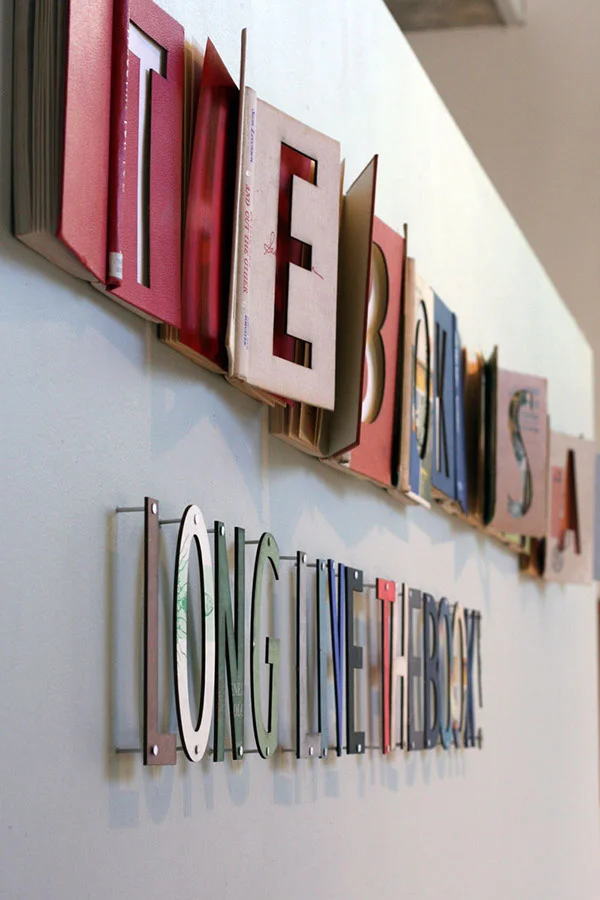  Kelley McClure's signage made from old library books.&nbsp; 