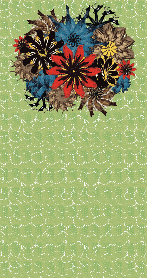  For a large-format poster -- to be seated behind a book display in a museum -- I selected bird illustrations from the books and created floral designs, creating a bird garden of sorts. 