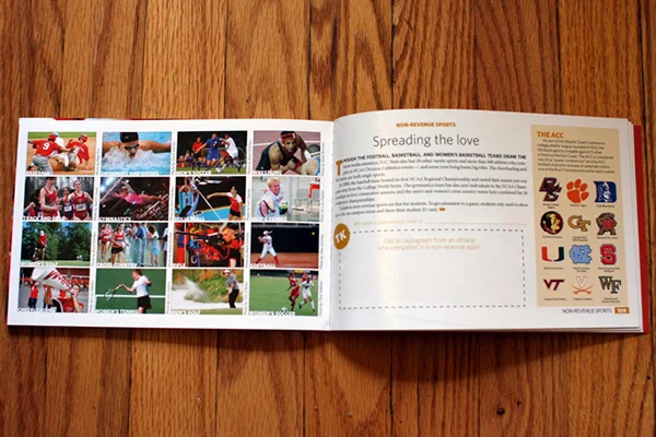  This spread is about attending non-revenue sports. Each spread has an interactive element to count towards students' tradition keeping. This spread has a place for an autograph from an athlete. The info box offers a history of the ACC conference and