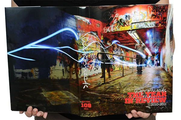  With Jordan Moore, assistant photo editor, as the photographer and illustrator, I art directed this dustjacket for the book. Jordan merged and painted together approximately 35 long-exposure photos of the Free Expression Tunnel on campus, an area th