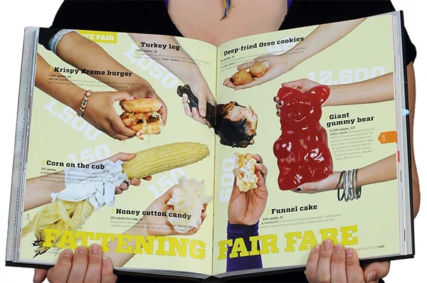  This spread featured food from the North Carolina State Fair. I researched the prices and calories for each item, which we bought and photographed in studio for this spread.&nbsp; 