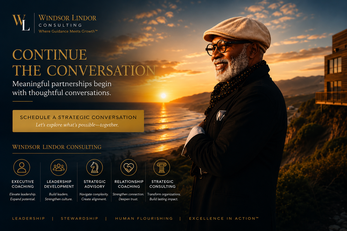 Windsor Lindor overlooking the Pacific coastline at sunrise, inviting leaders and organizations to begin a strategic conversation grounded in thoughtful leadership and organizational stewardship.