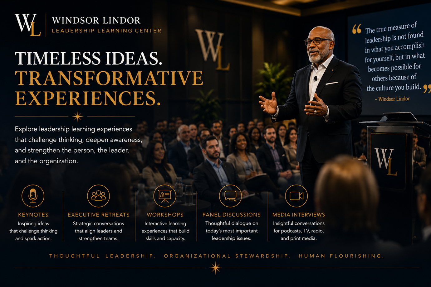 Windsor Lindor speaking to an engaged audience during a leadership learning experience focused on emotional intelligence, self-leadership, and organizational stewardship.