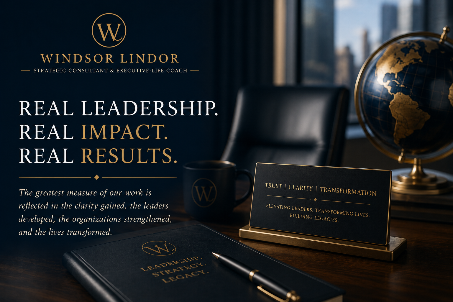 Executive office hero image representing trusted leadership, client experiences, executive coaching, and strategic consulting.