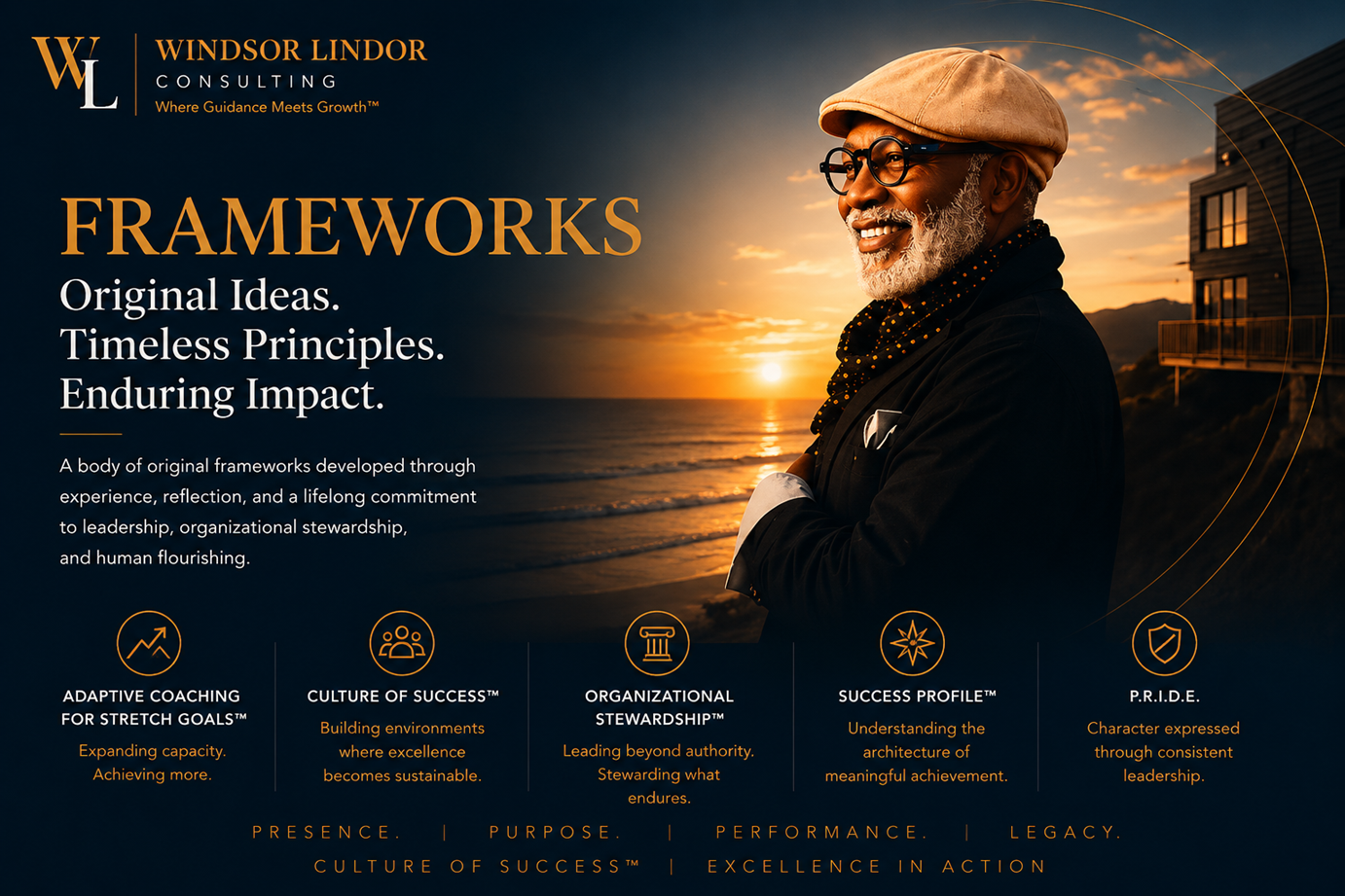Windsor Lindor presenting original leadership frameworks for executive leadership, organizational stewardship, and human flourishing.