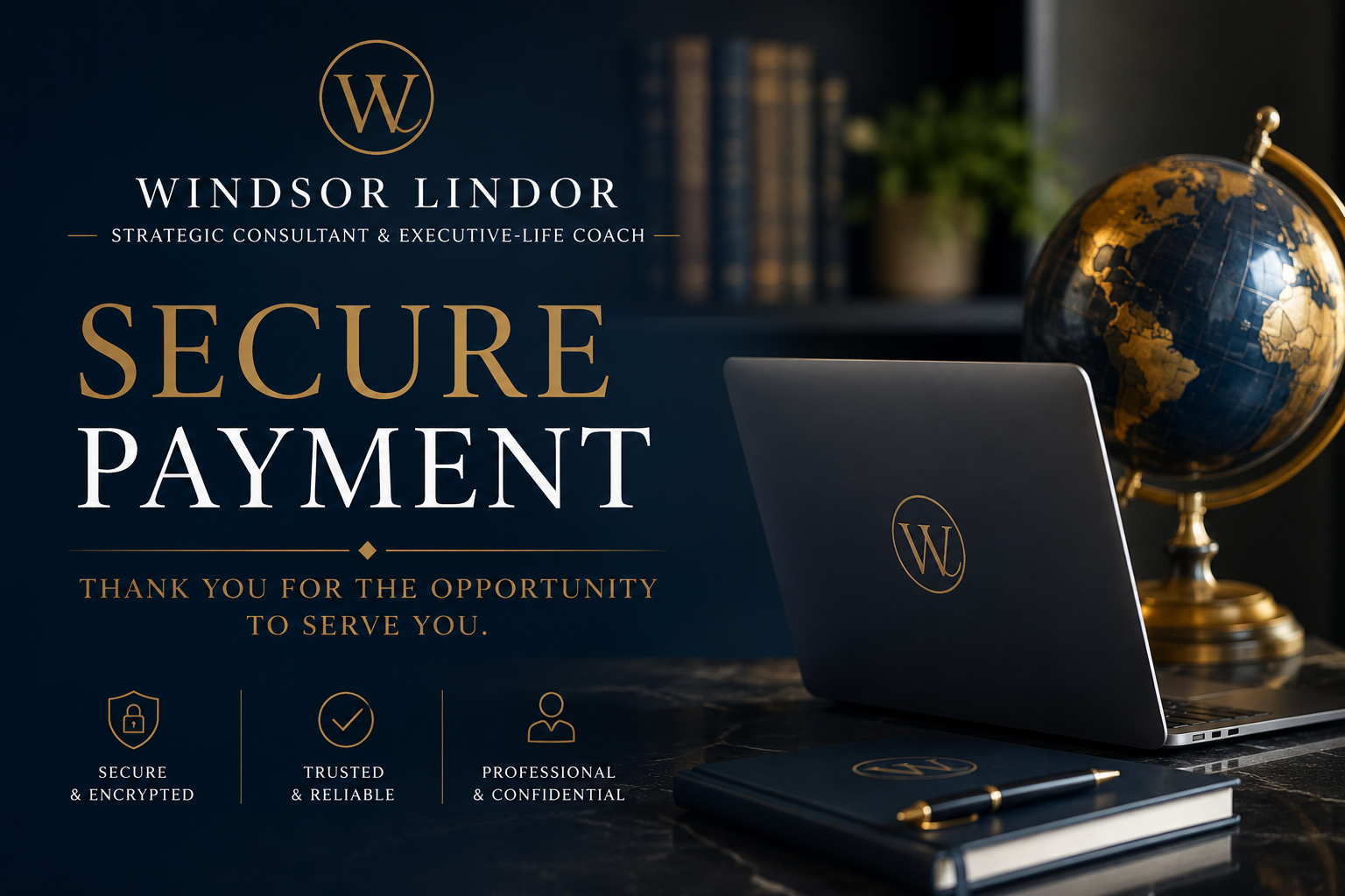 Secure payment hero image with an executive workspace representing trust, professionalism, and confidential client services.