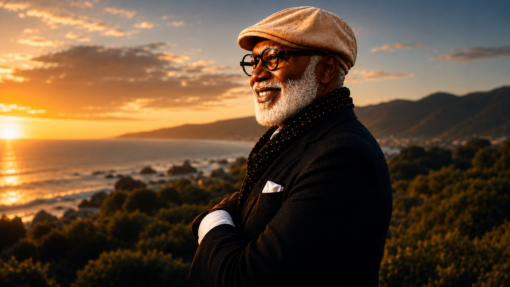 Windsor Lindor overlooking the Monterey coastline at sunset, embodying clarity, wisdom, purpose, and executive presence.