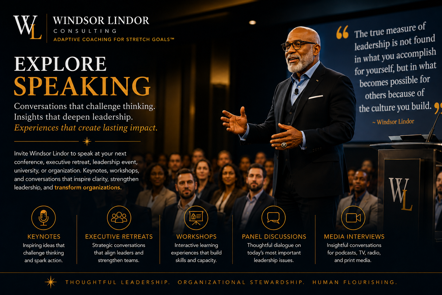 Windsor Lindor speaking to an audience, representing thoughtful leadership, executive education, organizational stewardship, and meaningful conversations that inspire leaders and organizations.