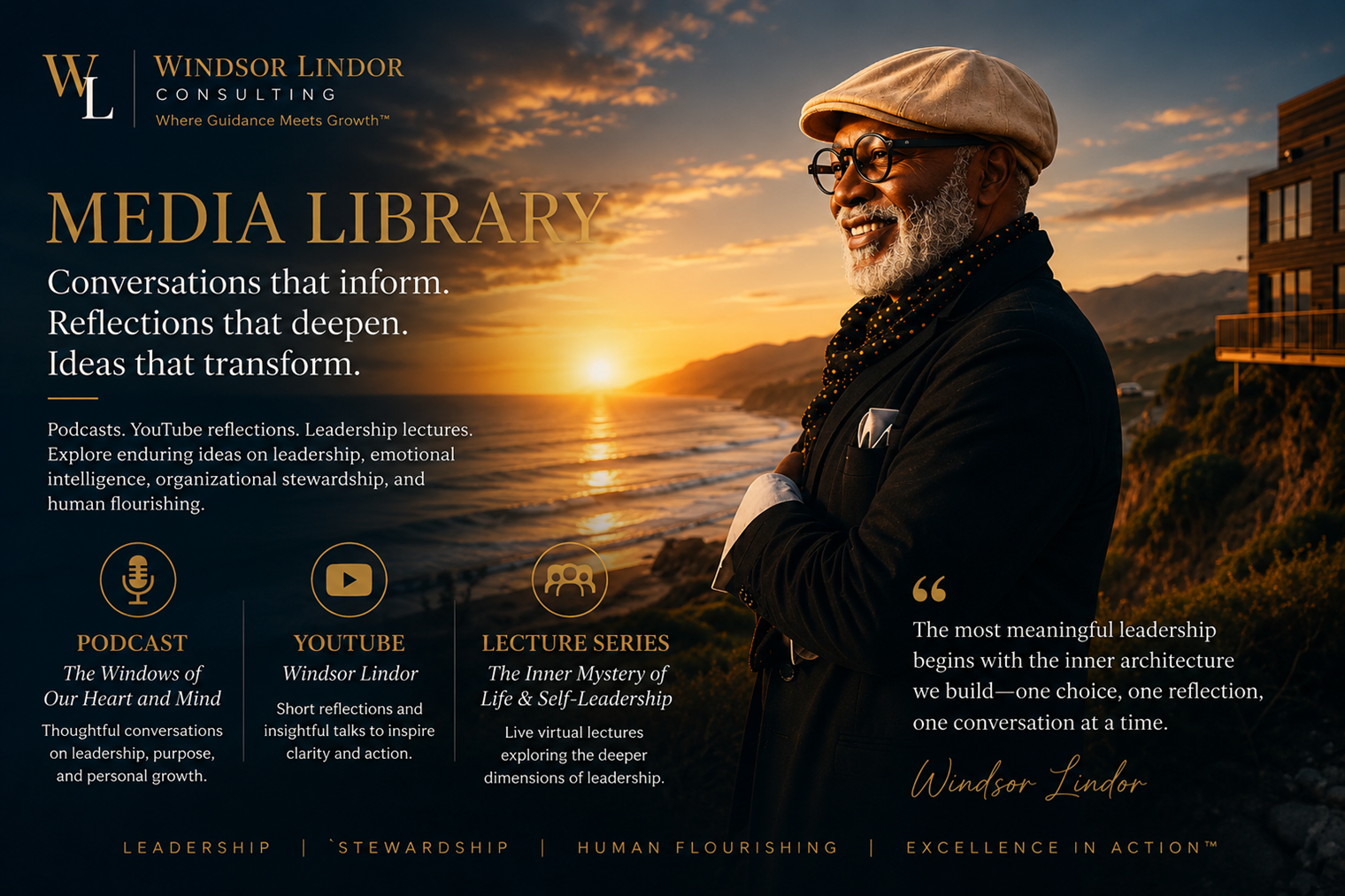 Windsor Lindor overlooking the Pacific coastline at sunrise, representing thoughtful leadership, podcast conversations, lectures, and educational media.