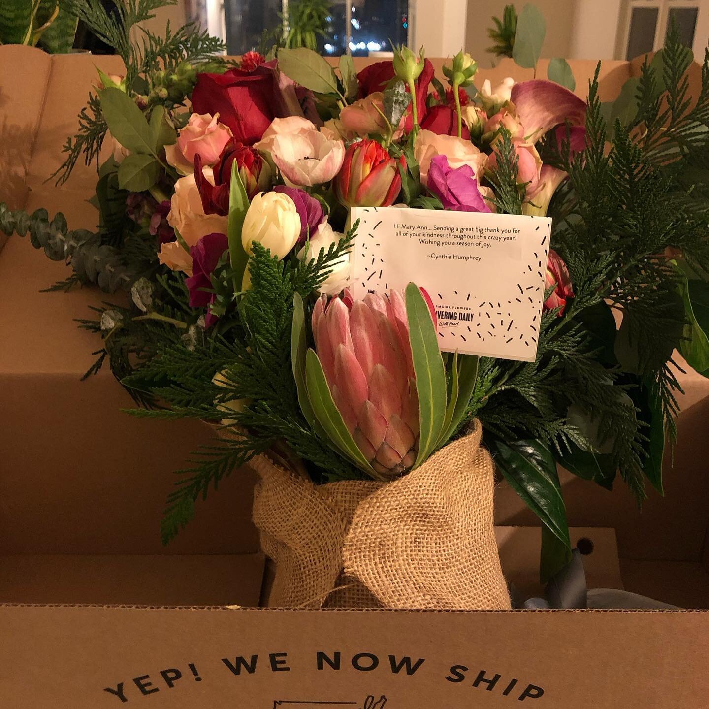 Grateful for the new friends my career brings to me!  I love Farmgrirl Flowers , they get delivered by hot #sf bike messengers and come wrapped in a little burlap sack, the best! #fgflove #soulsister