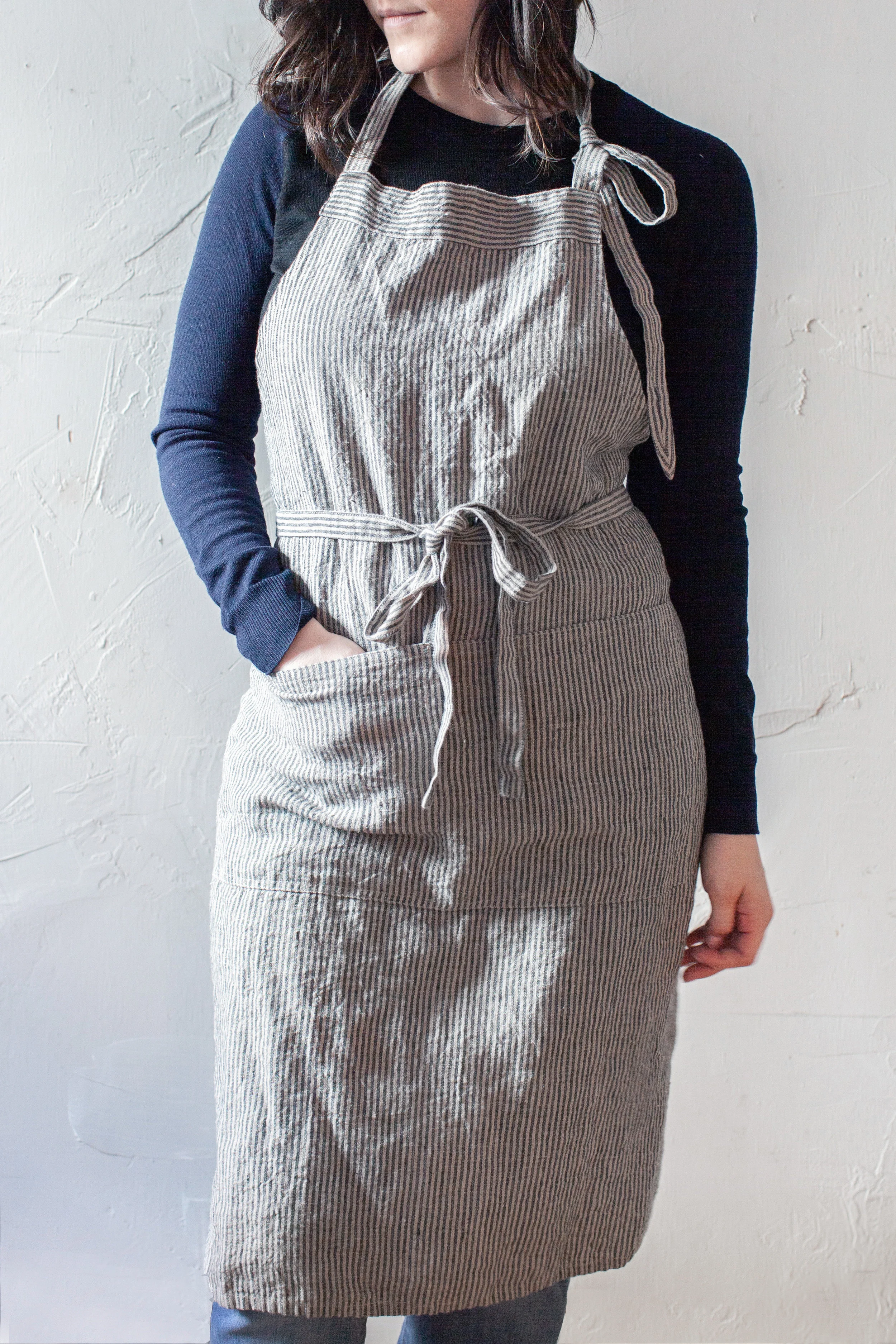 Linen Apron - Natural Grey Stripes