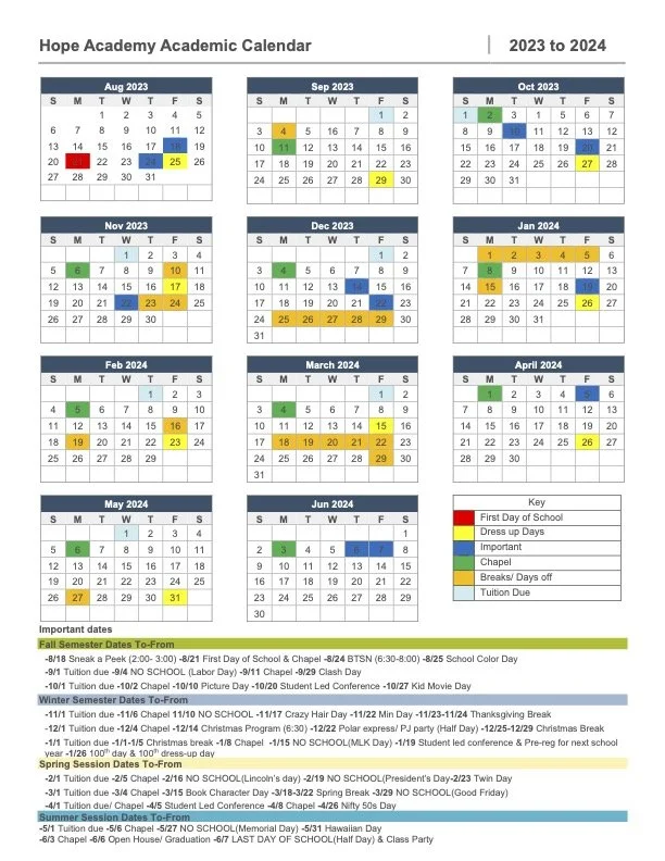 Calendar Hope Academy