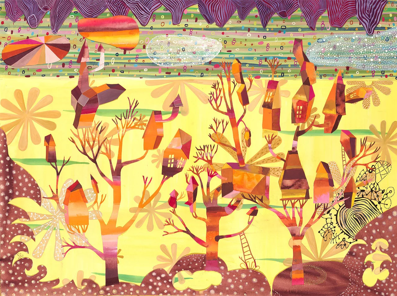 gouache, acrylic, cut painted paper on paper, 22"h x 30"w