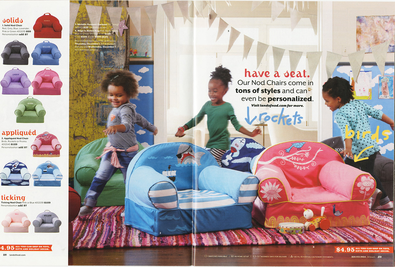 From Land of Nod's catalogue. Featuring two of my embroidered chairs: Rockets and Birds.